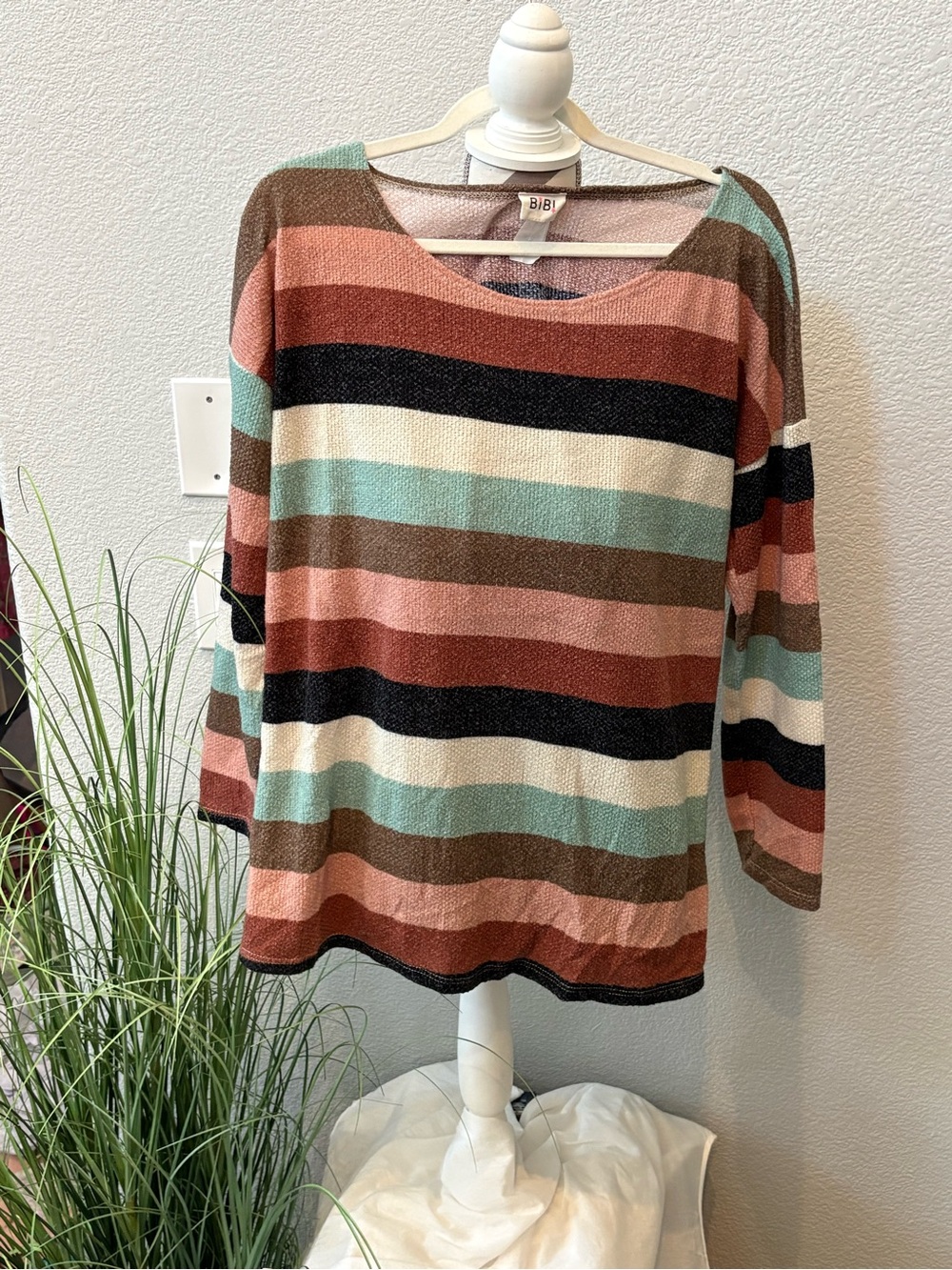 BiBi Striped Crewneck Sweater in Rust, Mint, Cream, Black, Brown